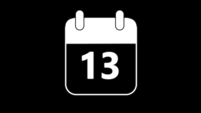 Modern calendar icon animation showing date number 13 on Clean and minimal design concept. Alpha Channel. Event reminder symbol. 4K Video motion graphic animation .Abstract calendar icon with date