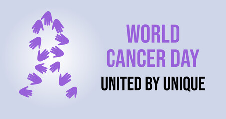 Banner for Cancer Day with the 2026 theme "United by Unique" and handprints of different people forming a purple ribbon
