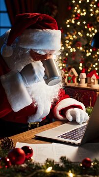 Santa works on computer with decorations in background during holiday season at night