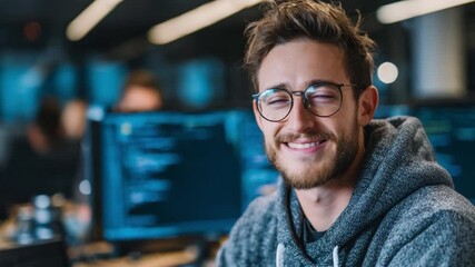 Smiling IT Professional in Tech Environment: A friendly, bespectacled IT professional beams with confidence, set against the backdrop of a modern tech environment.