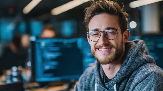 Smiling IT Professional in Tech Environment: A friendly, bespectacled IT professional beams with confidence, set against the backdrop of a modern tech environment.