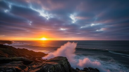 Dramatic ocean waves crash against rocky coastline at vibrant sunset