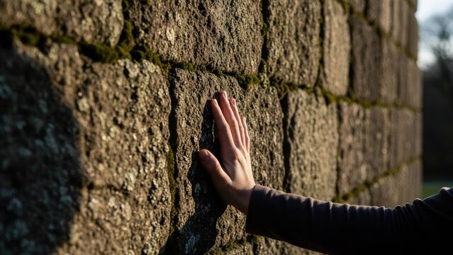 Person touching old stone wall with moss - Powered by Adobe