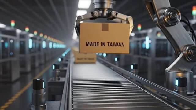 Factory box on automated production line, symbolizing global supply chain.