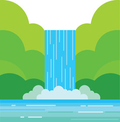A serene cartoon waterfall cascading into a tranquil lake surrounded by lush green trees and clouds in a peaceful natural setting