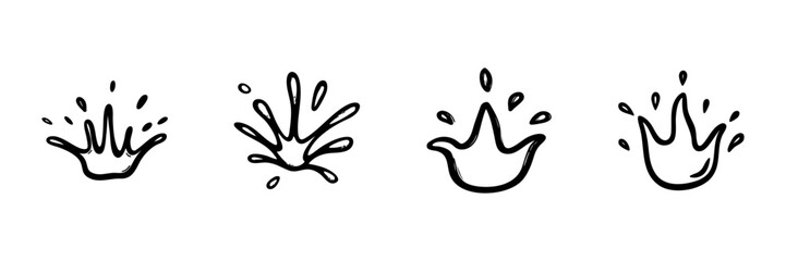 Obraz premium Water Splash Icons In Hand Drawn Style Set. Fluid Dynamics, Liquid Motion, And Splash Effects Doodle Sketch Collection. Artistic Expression. Isolated Vector Illustration