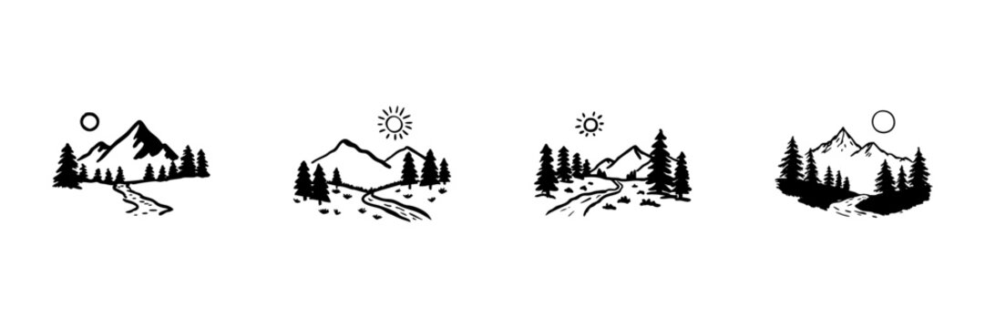 Mountain Landscape With Sun And Trees In Hand Drawn Style Set. Nature Scenery, Outdoor Adventure, Hiking Trail Doodle Sketch Collection. Rustic Wilderness Art. Isolated Vector Illustration