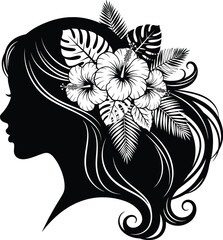 Woman silhouette profile with tropical hibiscus flowers and leaves