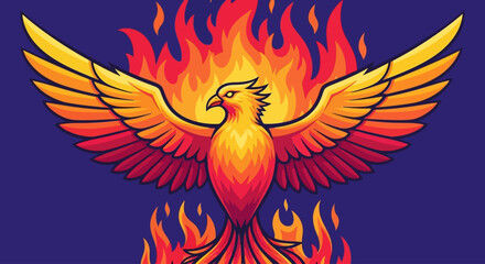 Fototapeta premium Vibrant phoenix bird rising from fiery flames with outstretched wings