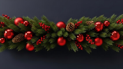 Christmas Garland with Pine Branches and Red Ornaments on Dark Background