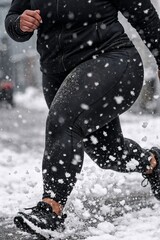 Woman running through snowy street in winter sportswear