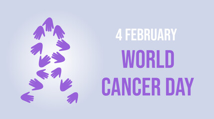 Banner for Cancer Day with handprints of different people forming a purple ribbon