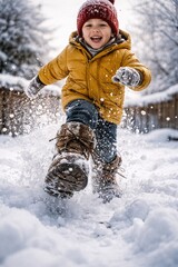 Happy child running and playing in fresh winter snow