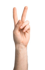 Man showing two fingers on white background, closeup