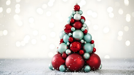 Unique Christmas Tree Design Festive Red and Mint Baubles Sparkle on a Wintery Surface with Dreamy Bokeh Background