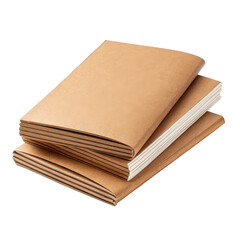 Several rectangular kraft paper notebooks with visible cream-colored paper edges are neatly stacked upon each other, exhibiting a slightly textured surface and a, isolated on transparent background.
