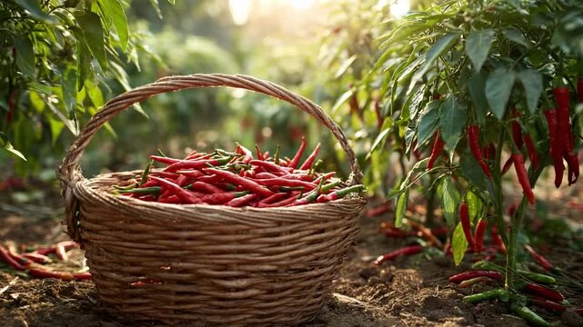 Harvest Bounty: A woven basket overflows with vibrant red chili peppers, fresh from the garden, captured in warm daylight.