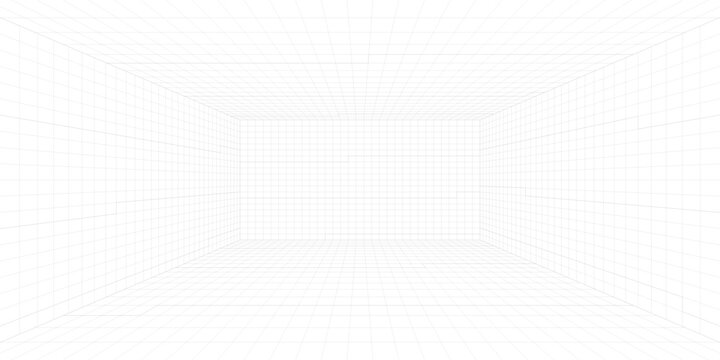 Perspective grid background 3d Vector illustration. Interior design Model projection background template. Line one point perspective