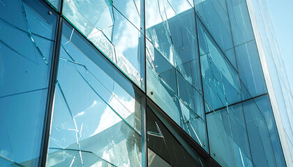 Shattered Reflections: A close-up showcases the stark contrast of structural integrity disrupted by cracked glass windows of modern building and a clear blue sky background.