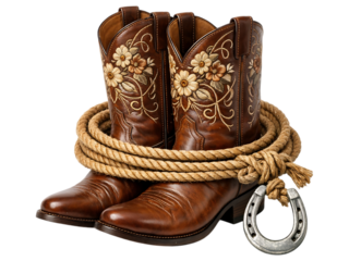 Brown leather cowboy boots with floral embroidery and rope cowboy boots, leather boots, floral embroidery, rope, horseshoe, western wear, brown leather, footwear, accessories, country style, fashion, 