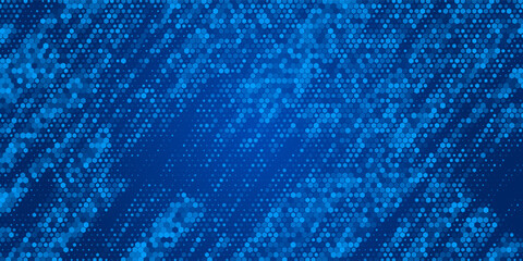 Blue glowing hexagon texture. Abstract neon hexagonal grid wallpaper. Navy honeycomb pattern backdrop. Vector modern technology, business, science, healthcare, medicine, presentation design background