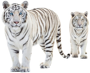 Fototapeta premium Majestic, powerfully built white tigers with striking black stripes and piercing blue and golden eyes, rendered in a realistic photographic style, are depicted, isolated on transparent background.