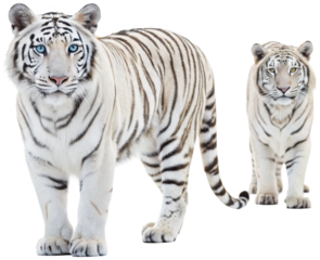 Majestic, powerfully built white tigers with striking black stripes and piercing blue and golden eyes, rendered in a realistic photographic style, are depicted, isolated on transparent background.