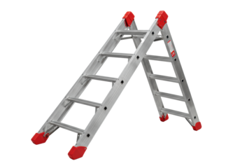 Heavy-duty aluminum extension ladder with red safety caps on a white studio background with copy space for text. Concept for construction and diy tools
