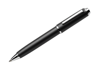 Hyper-detailed luxury matte black rollerball pen with mirror-finish chrome accents, angled diagonally on a crisp white high-key background, macro focus, engineered luxury presentation