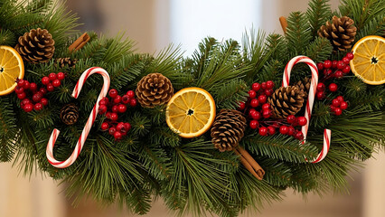 Christmas Garland with Pine Branches and Red Ornaments on Dark Background