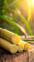 Sugar cane stalks, cut open, on rustic wood