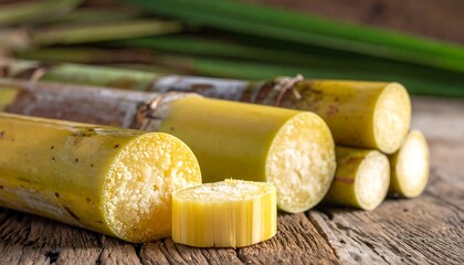Sugar cane stalks on a rustic wooden surface