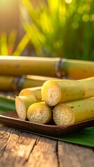 Sugarcane stalks on a wooden plate, sunlight