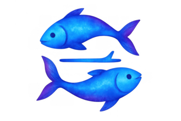 Pisces zodiac sign symbol illustrating two blue fish connected by abstract line on transparent background for astrology concept