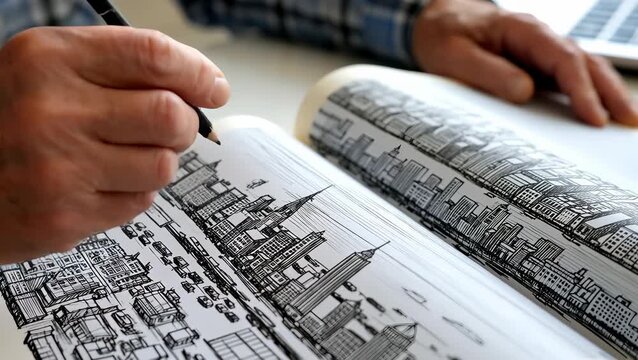 Detailed Cityscape Drawing in Progress by an Elderly Artist