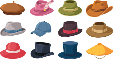 Elegant hat collection featuring pink fedora with feather beret top hats and conical sun hat vector illustration isolated. © Sarmen Creative