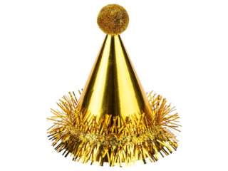 Gold party hat with tinsel and pom on black background gold, party hat, tinsel, pom, black background, shiny, metallic, celebration, festive, decoration, accessory, hat, gold tinsel, gold pom, metalli