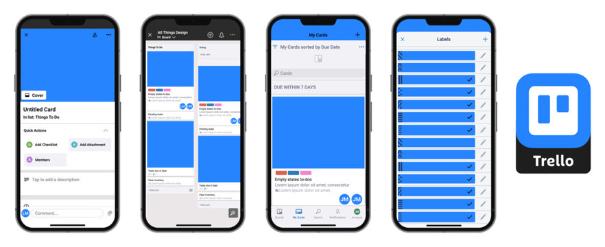 Trello productivity app interface screens showcasing task management boards, cards, and labels in modern mobile UI design
Trello project organization software concept showing workflow planning, 