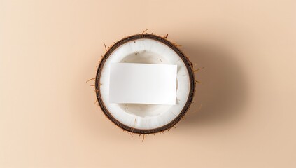 Blank white business card mockup centered inside an open half of coconut on light tan background