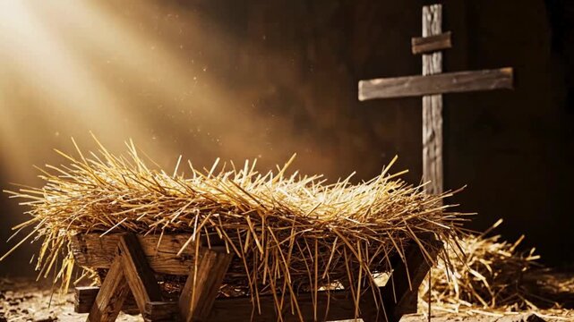 Empty wooden manger filled with straw with a wooden cross in the background symbolizing faith