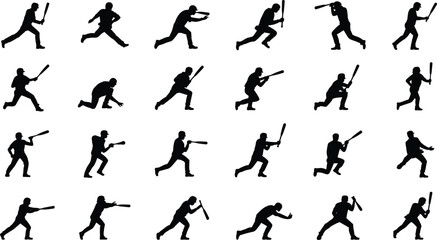 Baseball player action poses collection with batting throwing and running movements black silhouette vector set