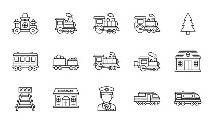 Christmas trains icon set displays different locomotives cars and station in outline style or Christmas express icon group presents various wagons and railway buildings in outline style © Ambara_studio