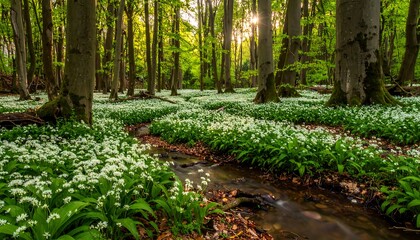 Sunlight streams through a forest floor blanketed in white flowers