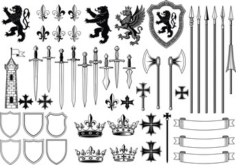Medieval heraldry and weapon elements collection with swords shields lions crowns and banners black vector set © Sarmen Creative