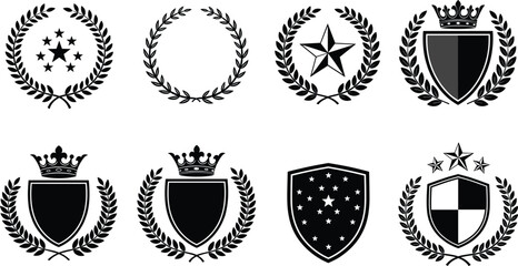 Laurel wreath and royal shield emblems with stars crowns and badges black silhouette vector set