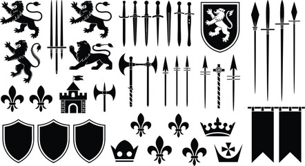 Medieval heraldry and weapon elements with swords shields lions crowns black silhouette vector set © Sarmen Creative