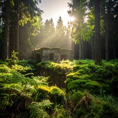 Sunbeams pierce a mossy forest, illuminating ancient ruins