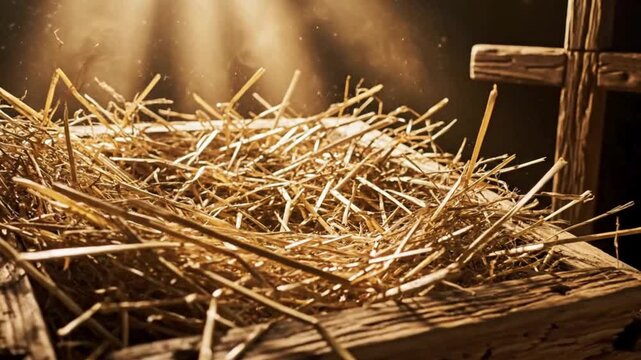 Empty wooden manger filled with golden straw illuminated by heavenly light beside a simple cross