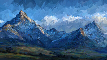Impressionist oil painting brushstrokes applied to a low poly 3D geometric mountain range.