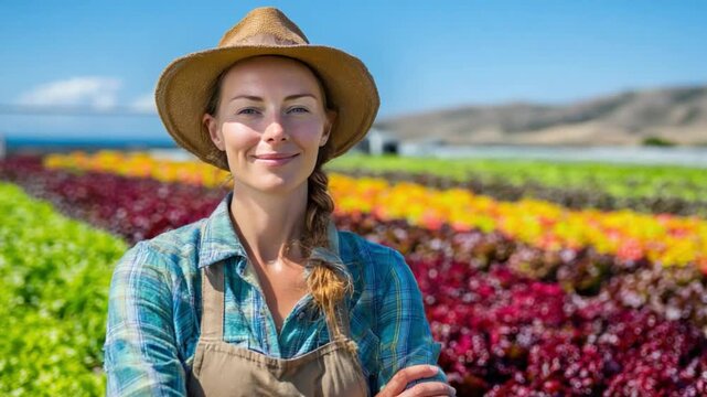 Harmony in Harvest: A sun-kissed woman, adorned in a straw hat, stands proudly amidst vibrant rows of freshly cultivated produce, embodying the essence of rural life and the bounty of the earth.